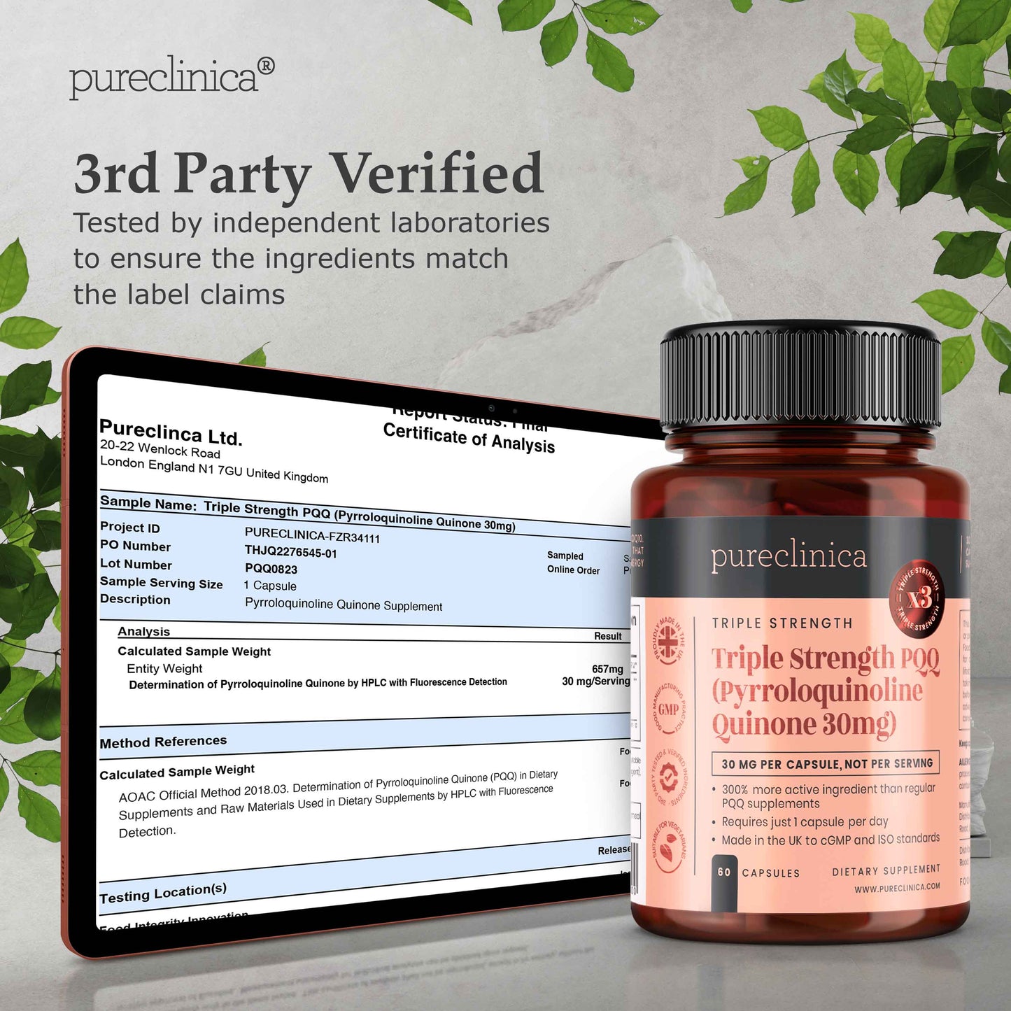 Triple Strength PQQ (Pyrroloquinoline Quinone) 30mg x 60 Veggie Capsules
