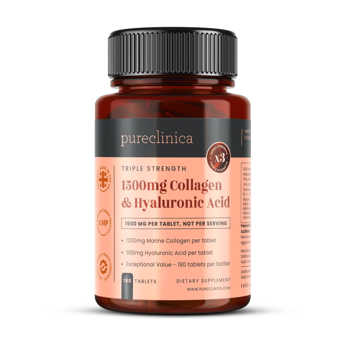 Triple Strength Collagen AND Hyaluronic Acid - 1500mg x 180 tablets (1200mg collagen, 300mg HA in one tablet)