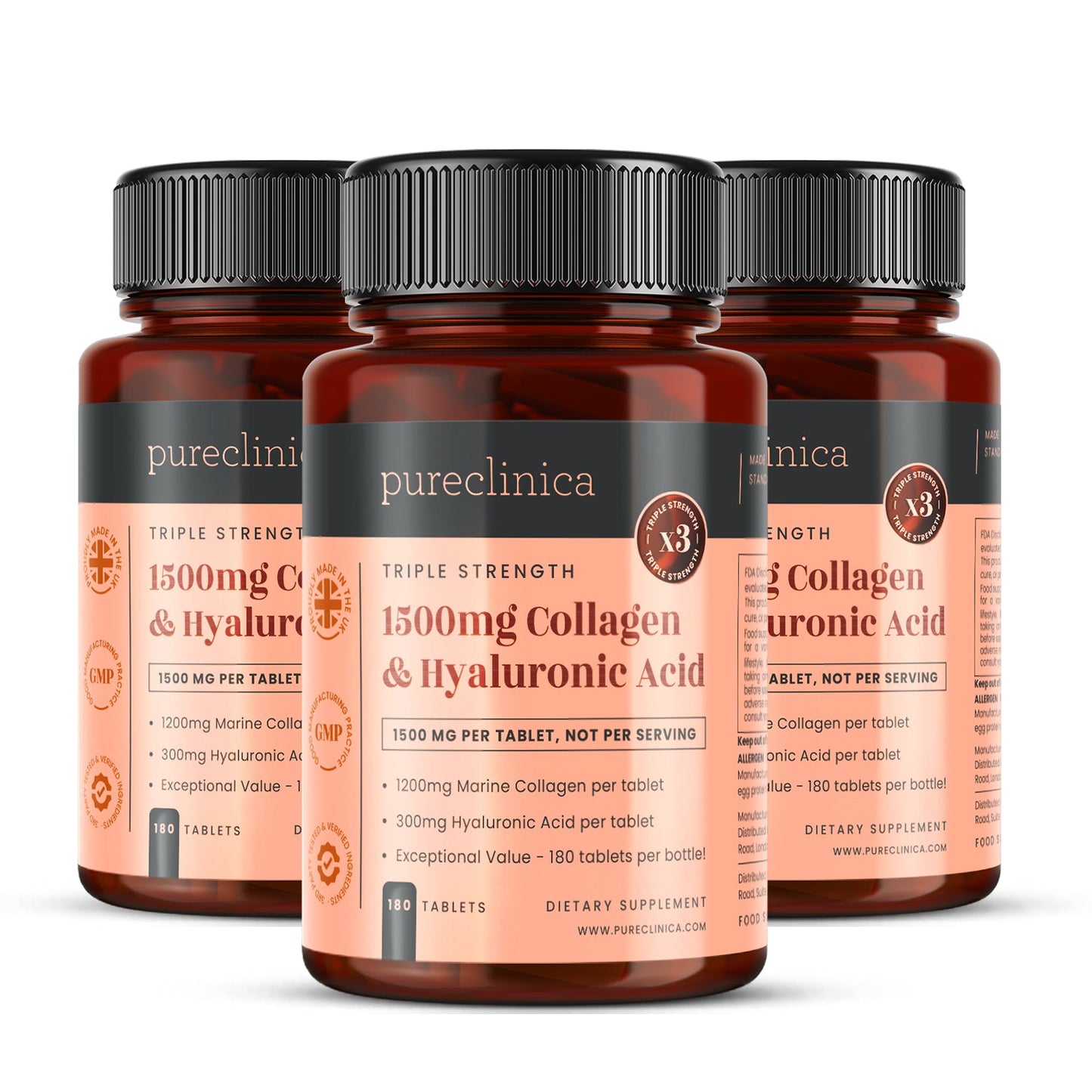 Triple Strength Collagen AND Hyaluronic Acid - 1500mg x 180 tablets (1200mg collagen, 300mg HA in one tablet)