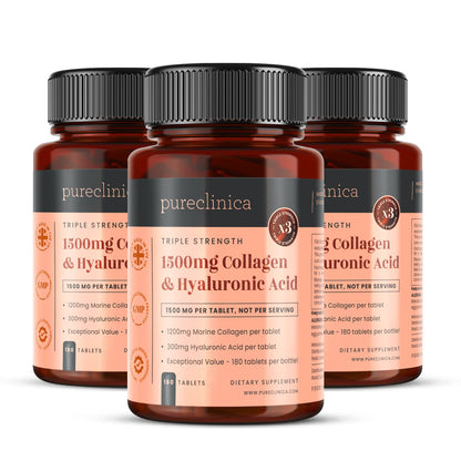 Triple Strength Collagen AND Hyaluronic Acid - 1500mg x 180 tablets (1200mg collagen, 300mg HA in one tablet)