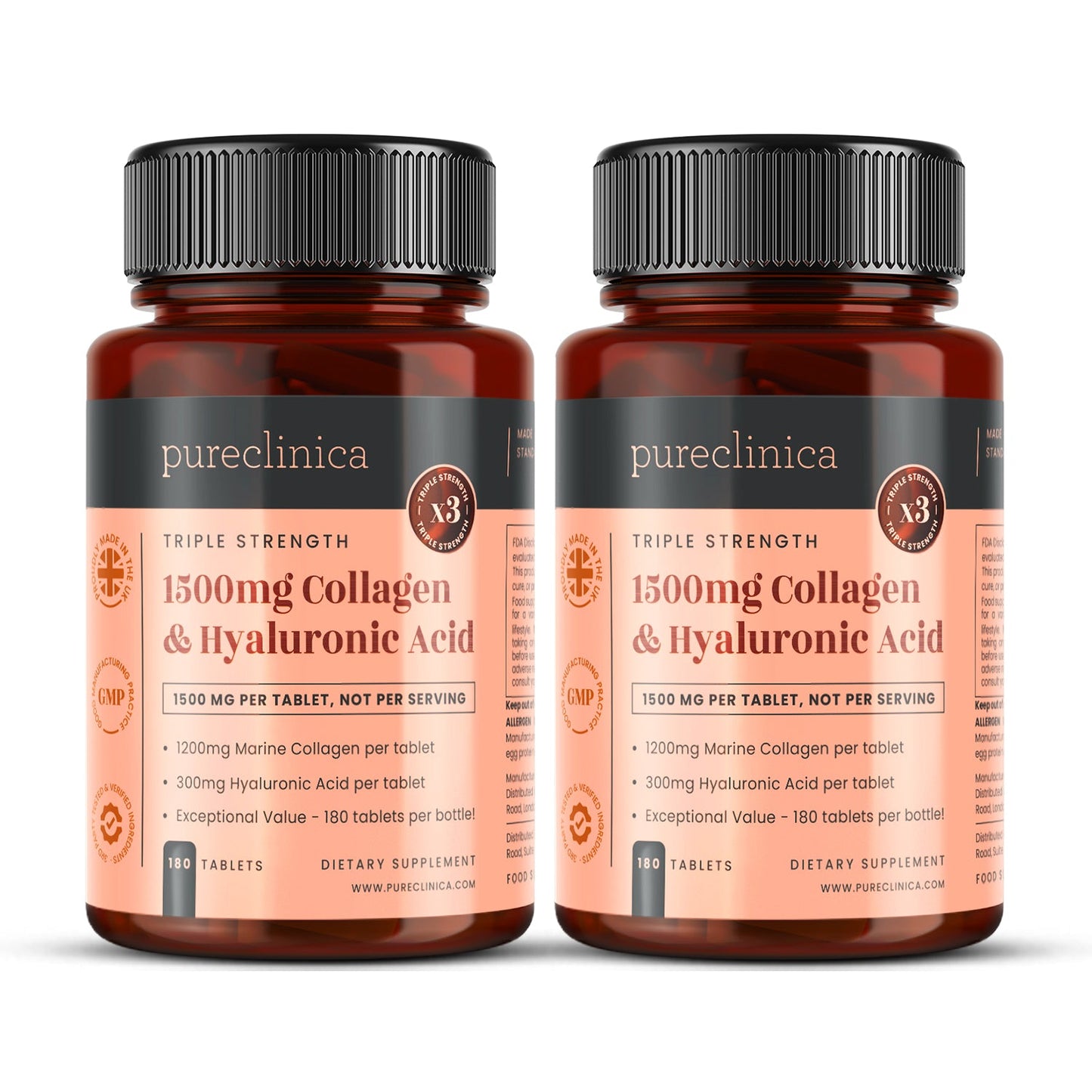Triple Strength Collagen AND Hyaluronic Acid - 1500mg x 180 tablets (1200mg collagen, 300mg HA in one tablet)